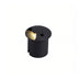 Black cylindrical in-ground outdoor light with warm gold interior opening, isolated on white background.