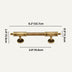 Brass cabinet pull bar with two round knobs and mounting hardware, shown with dimensions on white background.