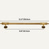 Brass cabinet pull bar with decorative knob ends displayed with measurement dimensions on white background.
