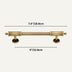 Brass-finish cabinet pull bar with textured cylindrical handles and round mounting plates on white background.