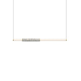 "Contemporary pendant light with a linear design, featuring a marble accent, acrylic tubes, and a steel frame."