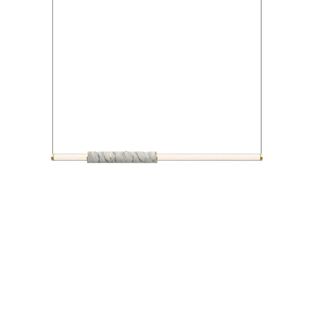 "Contemporary pendant light with a linear design, featuring a marble accent, acrylic tubes, and a steel frame."