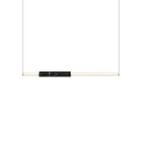 "Contemporary pendant light with a linear design, featuring a marble accent, acrylic tubes, and a steel frame."