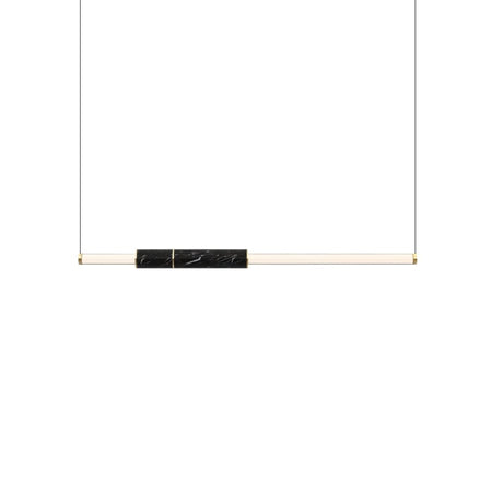 "Contemporary pendant light with a linear design, featuring a marble accent, acrylic tubes, and a steel frame."