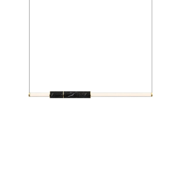 "Contemporary pendant light with a linear design, featuring a marble accent, acrylic tubes, and a steel frame."