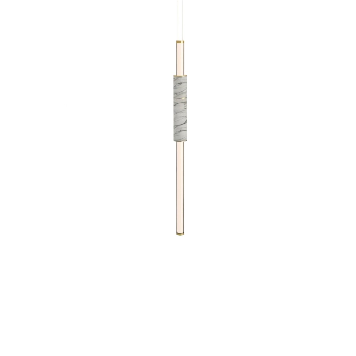 "Contemporary pendant light with a marble accent and sleek acrylic tubes."