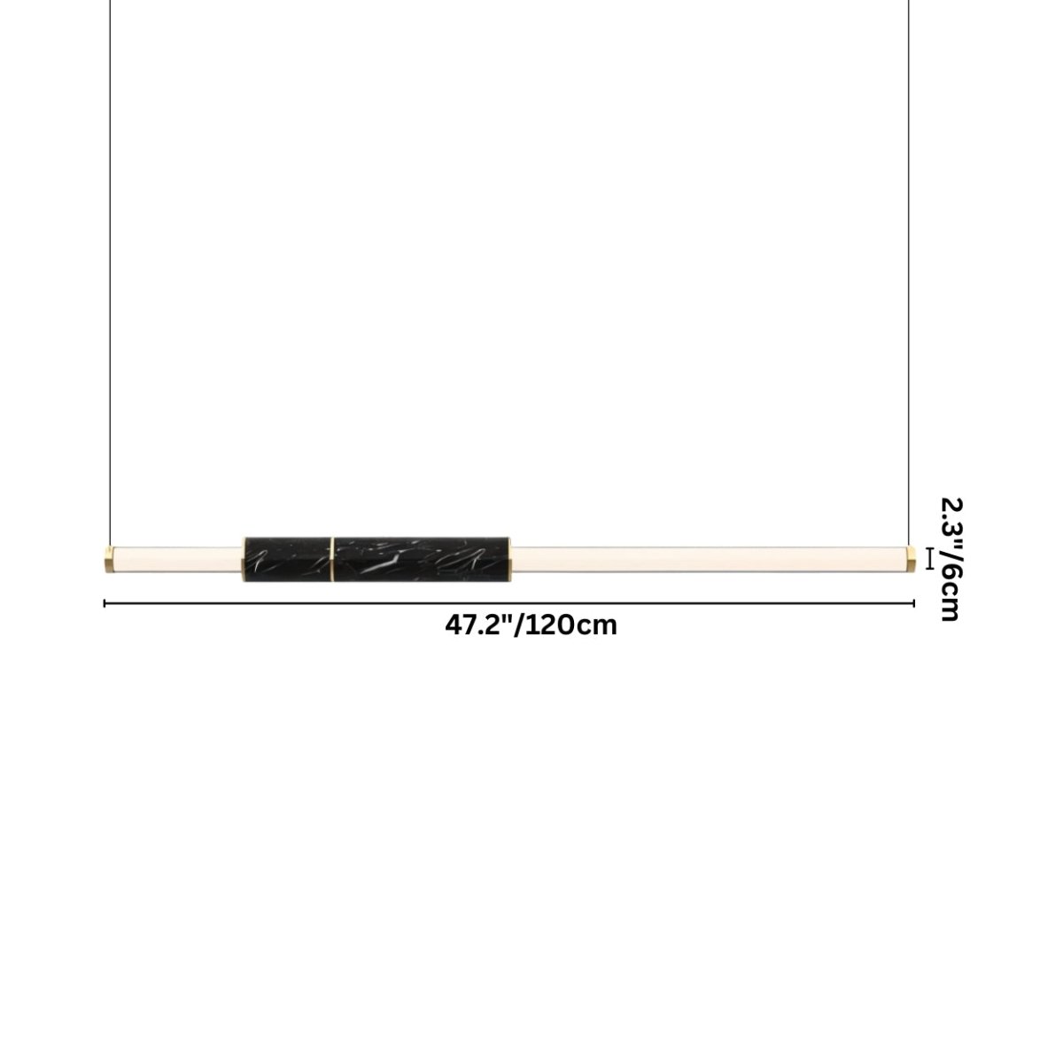 "Dimensions of a modern geometric pendant light with acrylic tubes, marble accents, and a steel frame."