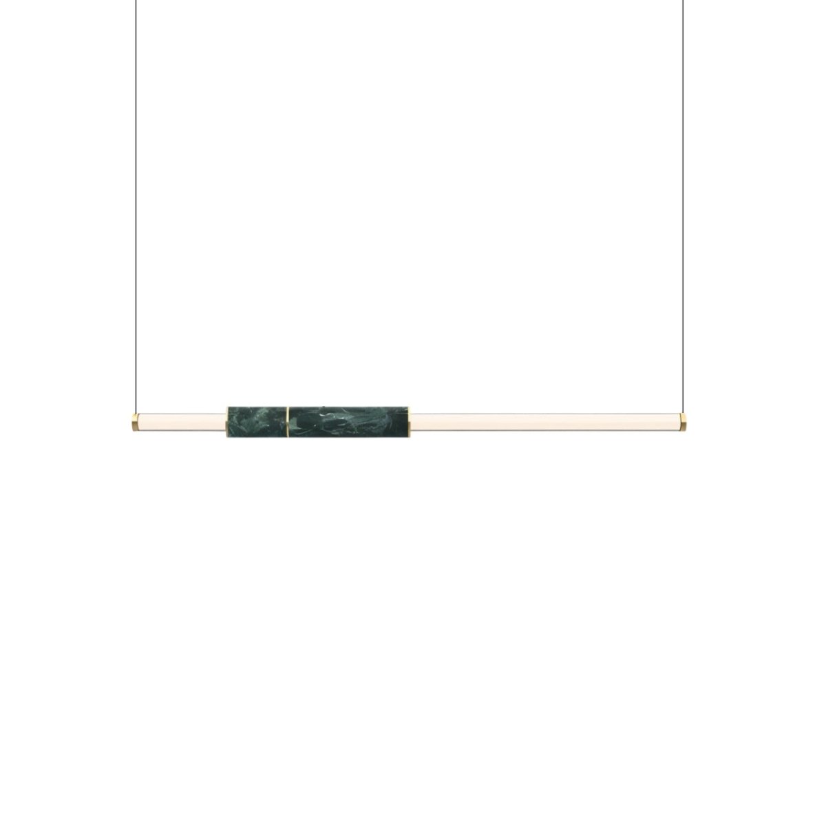 "Modern pendant light with a geometric design, featuring acrylic tubes, marble accents, and a steel frame."