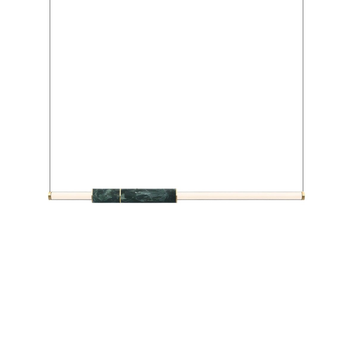 "Modern linear pendant light with a geometric design, featuring acrylic tubes, marble accents, and a steel frame."