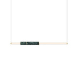 "Modern linear pendant light with a geometric design, featuring acrylic tubes, marble accents, and a steel frame."