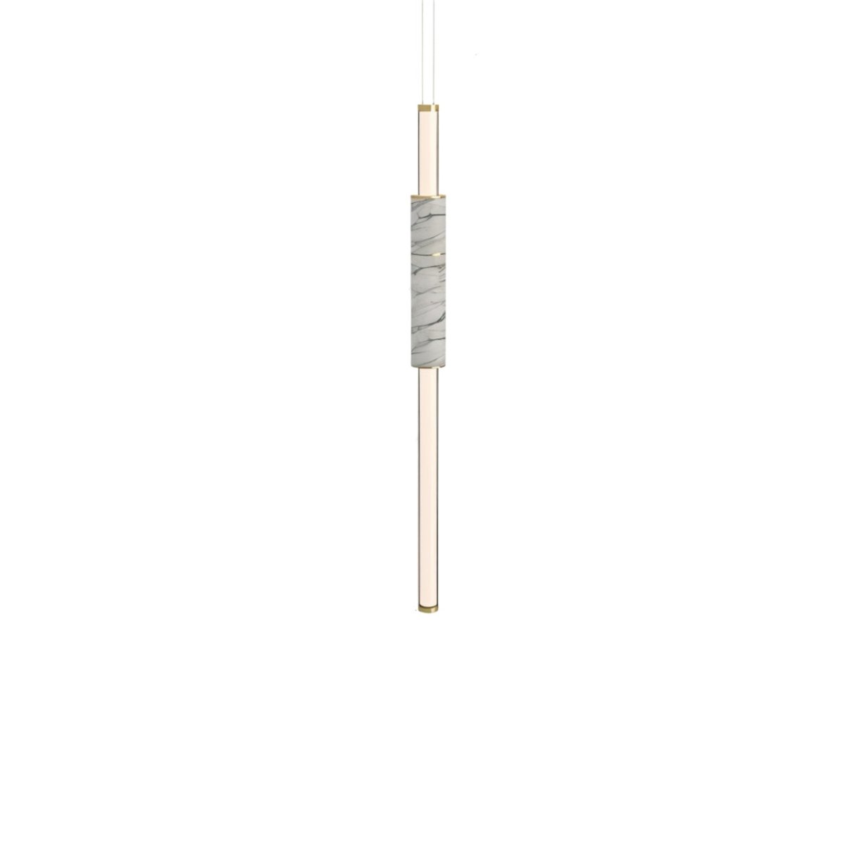 "Modern vertical pendant light featuring a marble accent and sleek acrylic tubes."