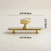 Brass cabinet knob and pull bar with gold finish on white background, showing dimensions.