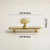 Brass cabinet pull with knob on rectangular base, displayed against neutral background with dimensions labeled.