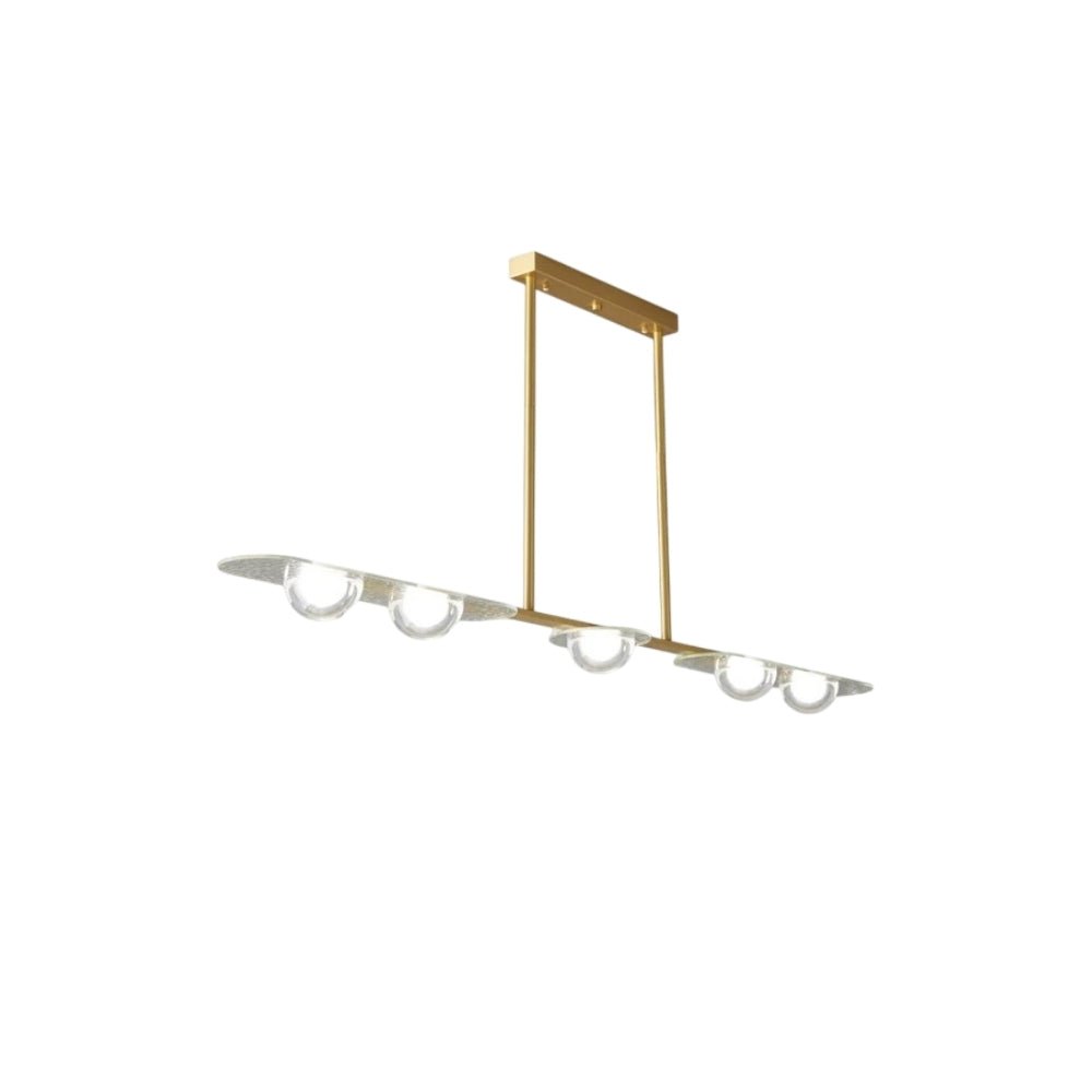 "Gold Dilti pendant light with four glass globes and a rectangular frame, isolated on a white background."