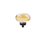 "Amber crystal glass oval knob with smooth texture and black base, isolated on a white background."