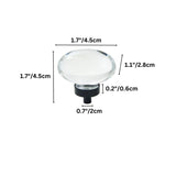 "Dimensions of a clear crystal glass oval knob: 1.7 inches (4.5 cm) height, 1.1 inches (2.8 cm) width, 0.7 inches (2 cm) base diameter, and 0.2 inches (0.6 cm) base height."