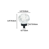 "Dimensions of a clear crystal glass spherical knob with swirl pattern: 1.8 inches (4.6 cm) height, 1.3 inches (3.5 cm) width, 0.7 inches (2 cm) base diameter, and 0.2 inches (0.6 cm) base height."