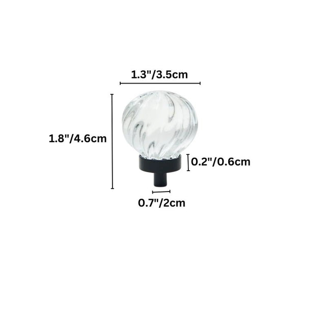"Dimensions of a clear crystal glass spherical knob with swirl pattern: 1.8 inches (4.6 cm) height, 1.3 inches (3.5 cm) width, 0.7 inches (2 cm) base diameter, and 0.2 inches (0.6 cm) base height."
