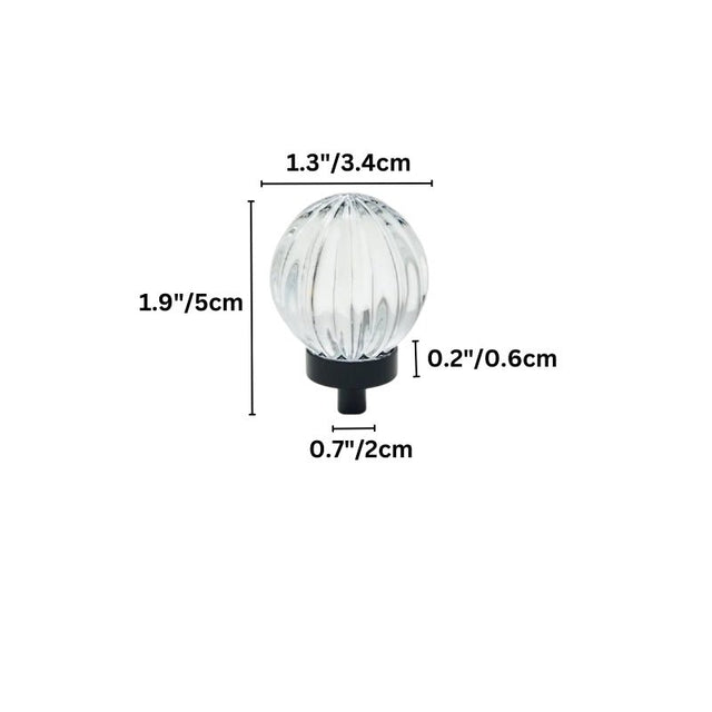 "Dimensions of a clear crystal glass spherical knob with ribbed texture: 1.9 inches (5 cm) height, 1.3 inches (3.4 cm) width, 0.7 inches (2 cm) base diameter, and 0.2 inches (0.6 cm) base height."