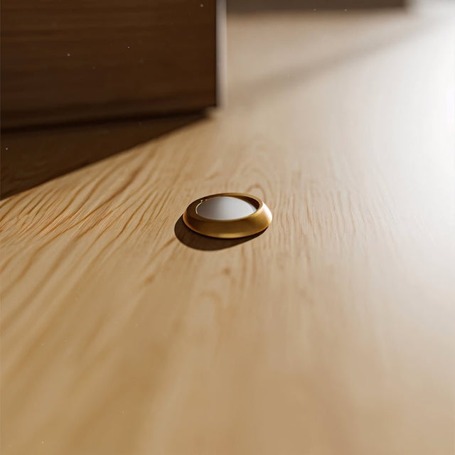 "Gold magnetic door stop base plate on a light wood floor."