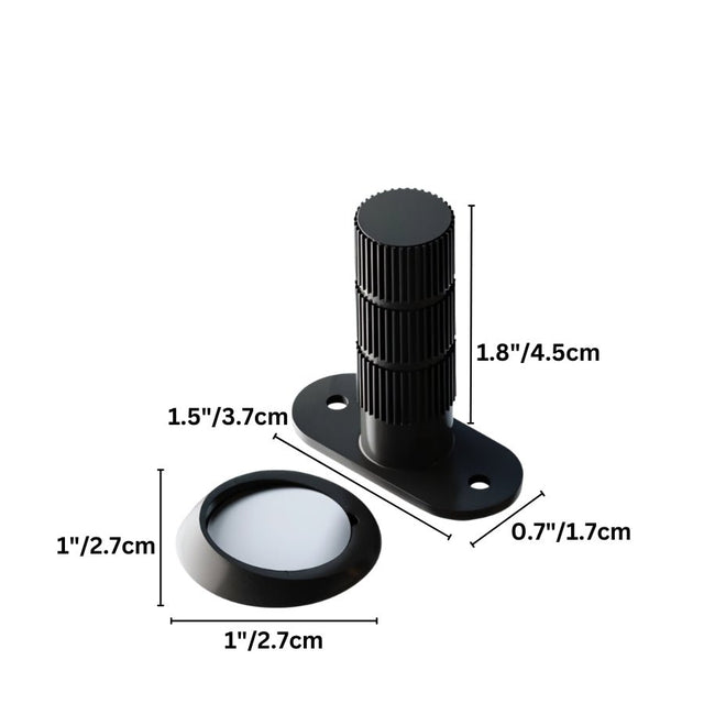 "Dimensions of a modern cylindrical door stop with a magnetic base and oval mounting plate."