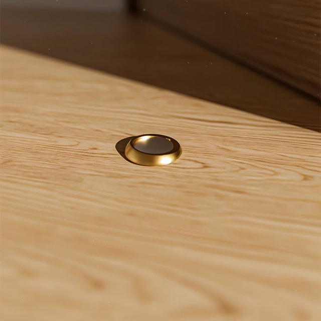 "Gold magnetic door stop base plate installed on a light wood floor."