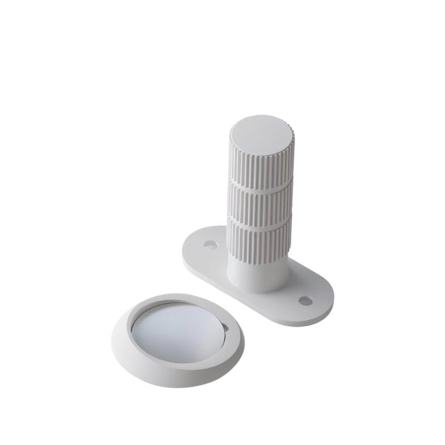 "Modern white door stop with a textured cylindrical post and a magnetic base."