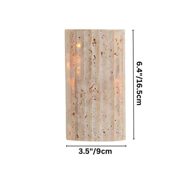 "Dimensions of a minimalist, rectangular travertine wall lamp: 3.5 inches in width and 6.4 inches in height."