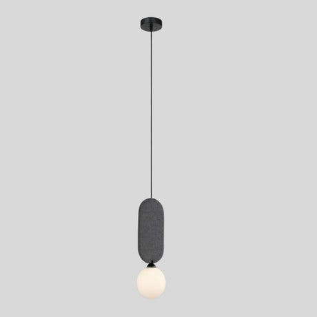 "The Dorea Pendant Lamp with a dark gray fabric panel and spherical glass bulb complements modern spaces with a clean, minimalist design and warm ambient lighting."