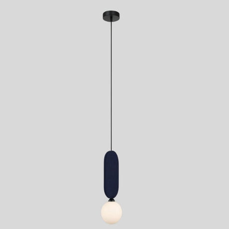 "The Dorea Pendant Lamp with a navy blue fabric panel and spherical glass bulb adds a minimalist, modern touch to any room with soft ambient lighting."