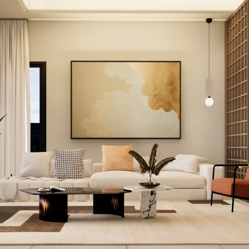 "This modern Dorea Pendant Lamp illuminates a stylish living room with a round glass bulb and minimalist design, enhancing the ambiance with a contemporary aesthetic."