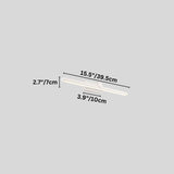 "A white wall lamp with a minimalist linear design, 39.5cm in length, showing detailed dimensions in inches and centimeters on a grey background."