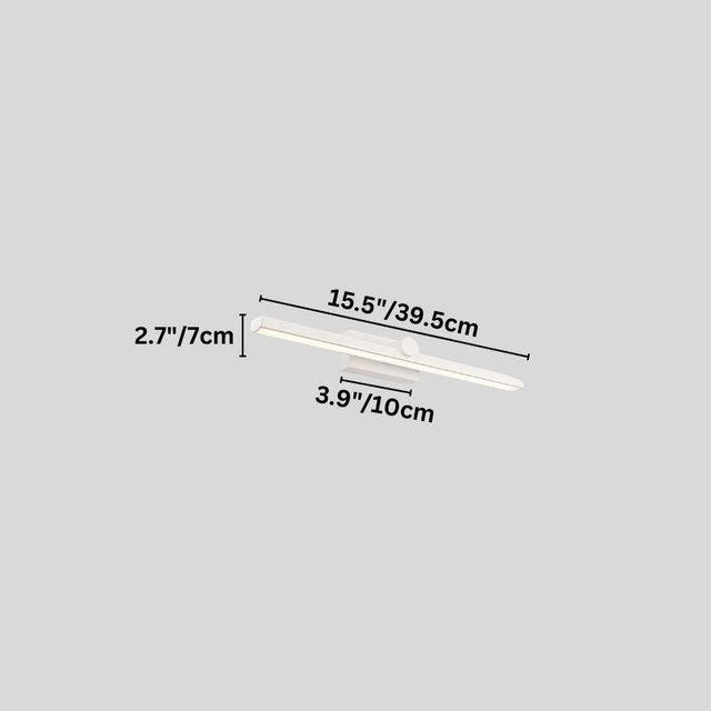 "A white wall lamp with a minimalist linear design, 39.5cm in length, showing detailed dimensions in inches and centimeters on a grey background."