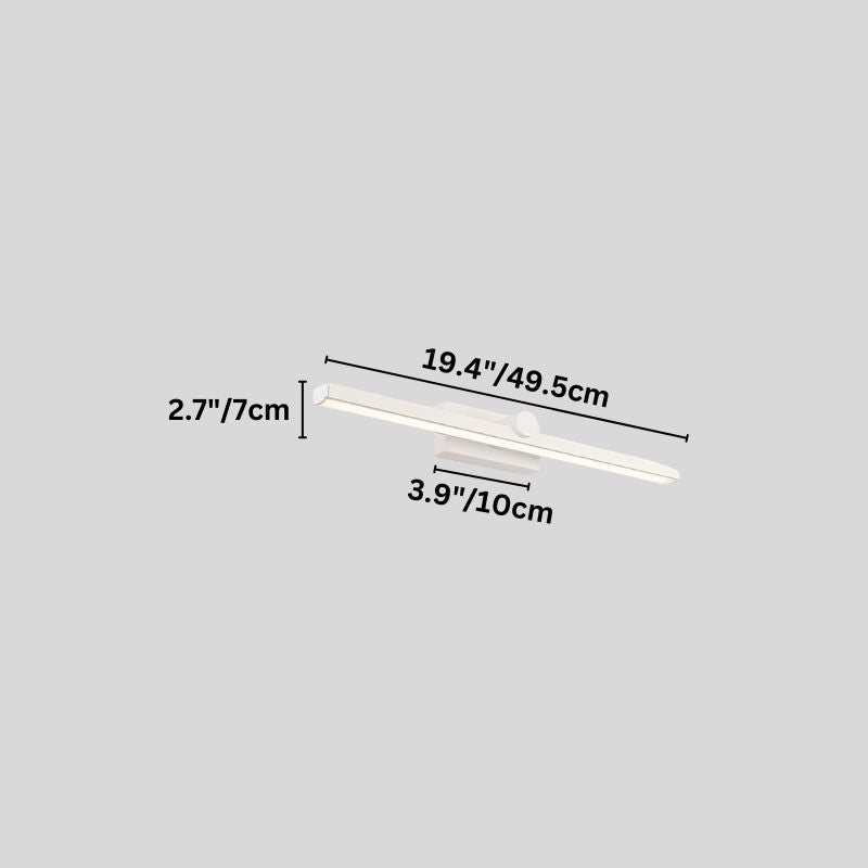 "A white wall lamp with a minimalist linear design, 49.5cm in length, showing detailed dimensions in inches and centimeters on a grey background."