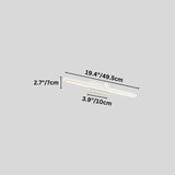 "A white wall lamp with a minimalist linear design, 49.5cm in length, showing detailed dimensions in inches and centimeters on a grey background."