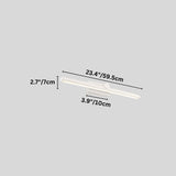 "A white wall lamp with a minimalist linear design, 59.5cm in length, showing detailed dimensions in inches and centimeters on a grey background."