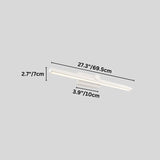 "A white wall lamp with a minimalist linear design, showing dimensions in inches and centimeters on a grey background."