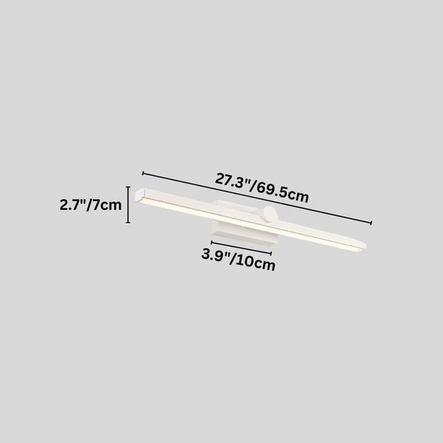 "A white wall lamp with a minimalist linear design, showing dimensions in inches and centimeters on a grey background."