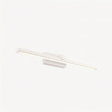 "A white wall lamp with a minimalist linear design, shown illuminated against a plain white background."