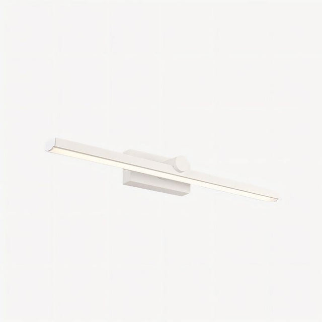 "A white wall lamp with a minimalist linear design, shown illuminated against a plain white background."