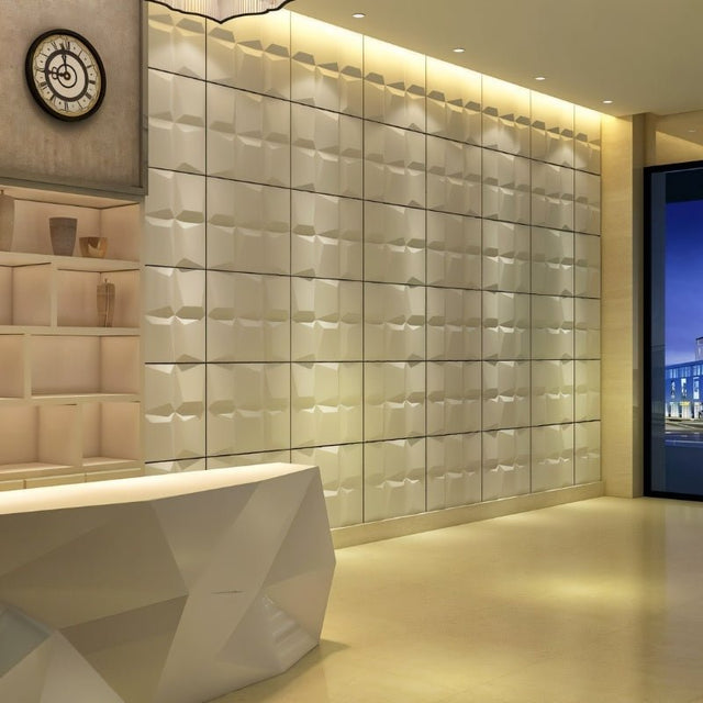 Durven Wall Panel– Stylish, Durable, Waterproof Design enhancing a luxury reception area with ambient lighting and geometric decor.