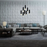 Durven Wall Panel– Stylish, Durable, Waterproof Design used in a modern lounge with pendant lighting and a grey sectional sofa.