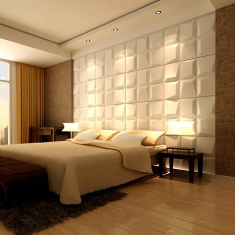 Durven Wall Panel– Stylish, Durable, Waterproof Design featured behind a bed in a modern bedroom with warm lighting and minimalist decor.