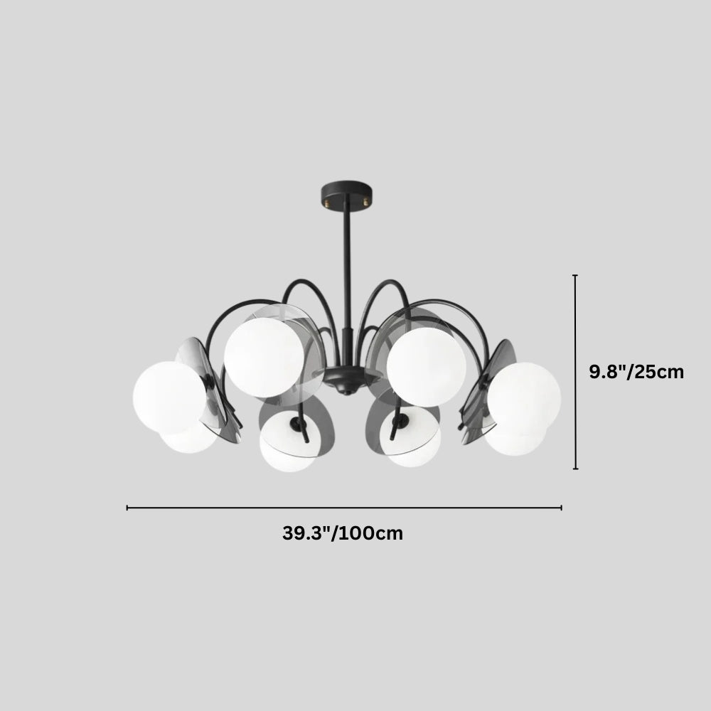 "Copper Dyana chandelier with dimensions showing 9.8 inches/25 cm height and 39.3 inches/100 cm width."