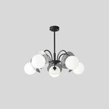 "Copper Dyana chandelier with frosted glass globes and curved arms, isolated on a light grey background."