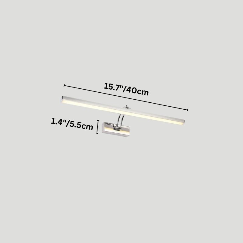 "A modern, minimalist LED wall lamp with a polished stainless steel body, shown with dimensions of 15.7 inches in length and 1.4 inches in width."