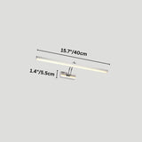 "A modern, minimalist LED wall lamp with a polished stainless steel body, shown with dimensions of 15.7 inches in length and 1.4 inches in width."