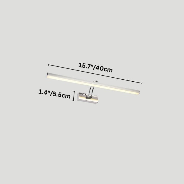 "A modern, minimalist LED wall lamp with a polished stainless steel body, shown with dimensions of 15.7 inches in length and 1.4 inches in width."