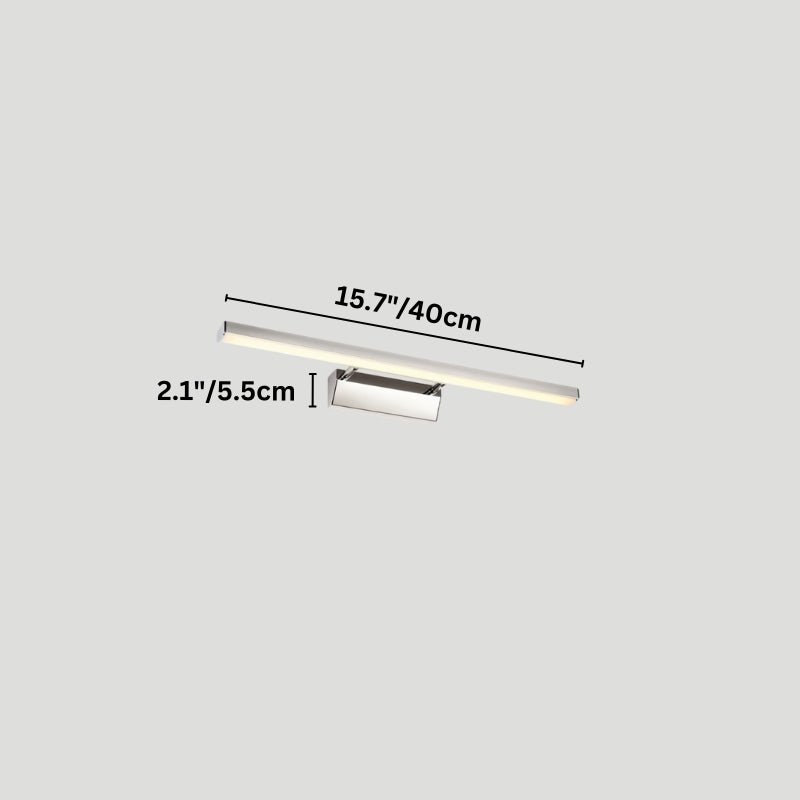 "A modern, minimalist LED wall lamp with a polished stainless steel body, shown with dimensions of 15.7 inches in length and 2.1 inches in width."