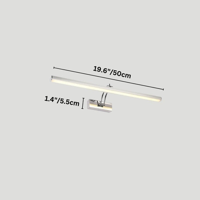 "A modern, minimalist LED wall lamp with a polished stainless steel body, shown with dimensions of 19.6 inches in length and 1.4 inches in width."